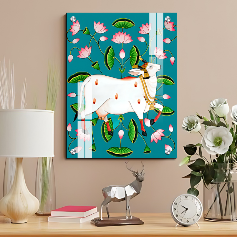 Sacred Cow Pichwai Wood Print Wall Art Blue