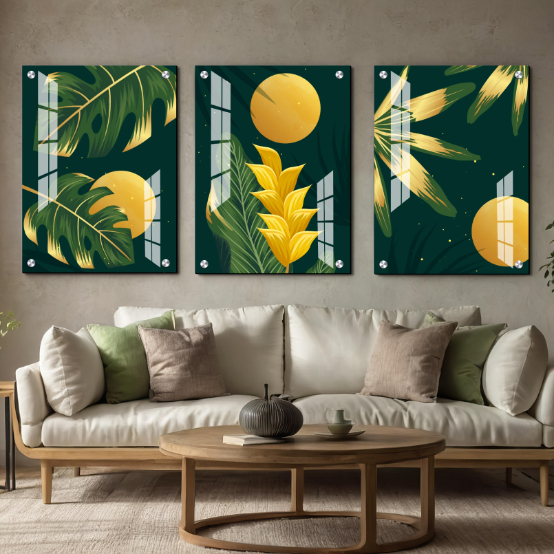 Yellow Flower Wood Print Wall Art Set of 3