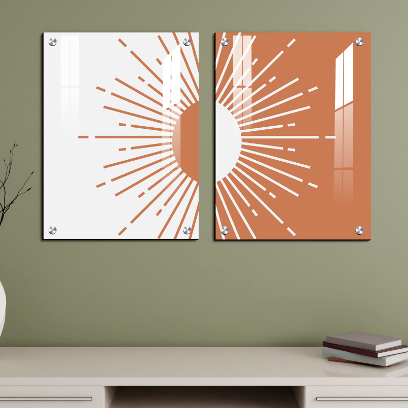 Abstract Sun Mid Century Wood Print Wall Art Set of 2