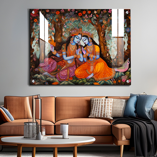 Radha Krishna and Colorful Flowers Wood Print Wall Art