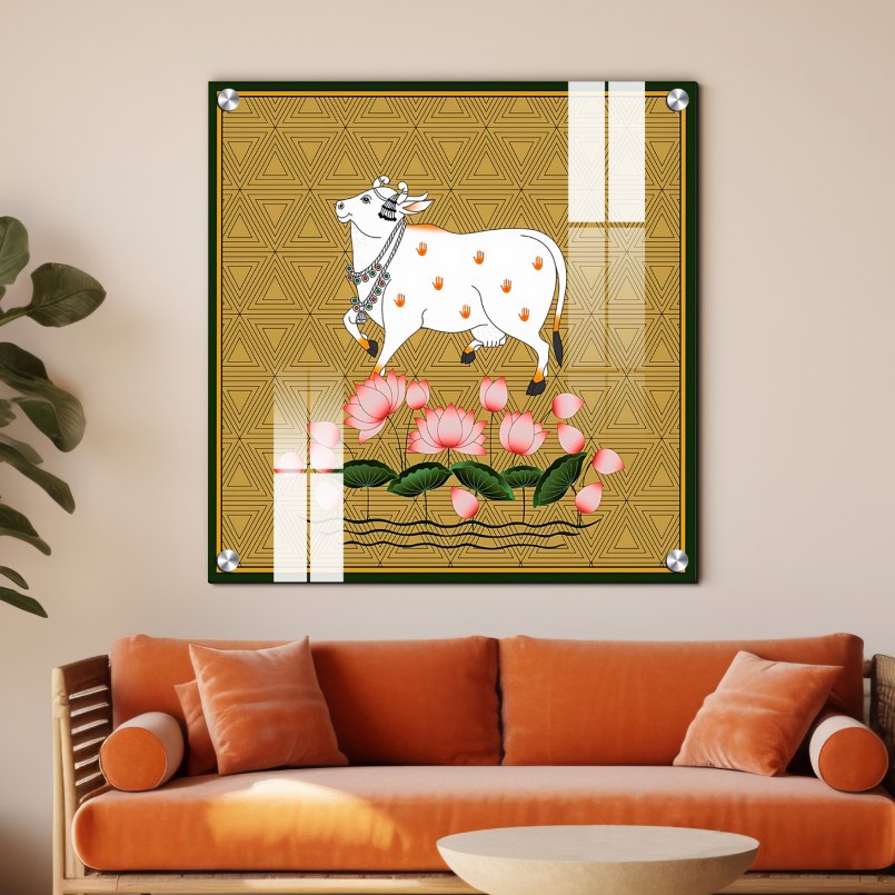 Sacred Cow Pichwai Wood Print Wall Art Gold