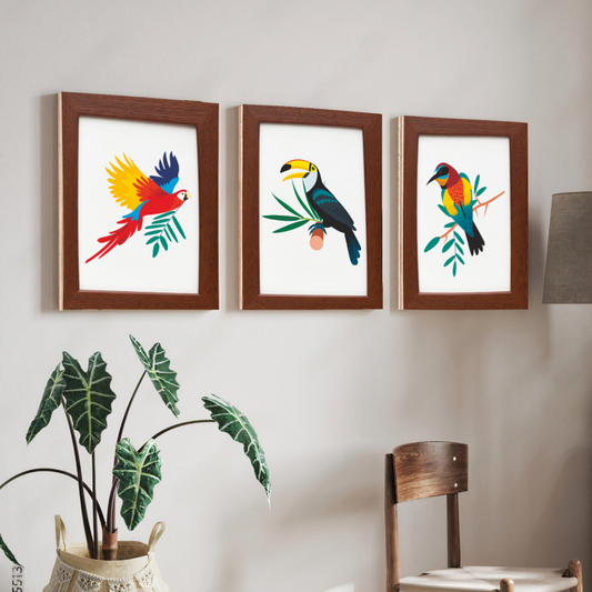 Beautiful Birds With Brown Printed Wood and Acrylic Print Wall Art Set of 3