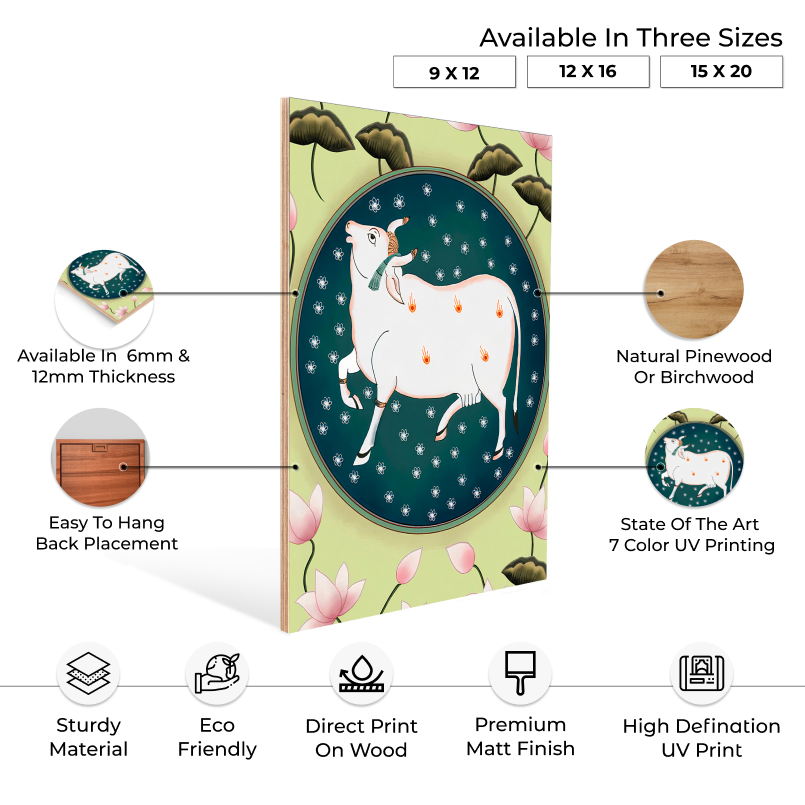 Cow and Lotus Pichwai Wood Print Wall Art