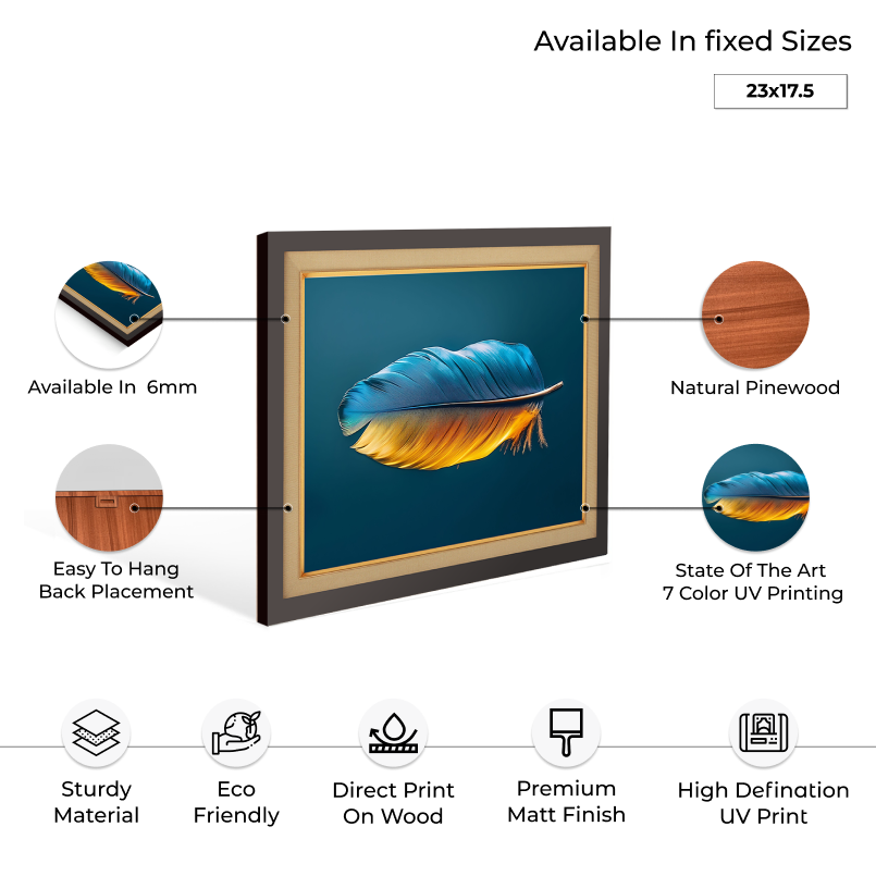 Vibrant Blue And Orange Feather Wood Print Wall Art 23x17.5 Inches