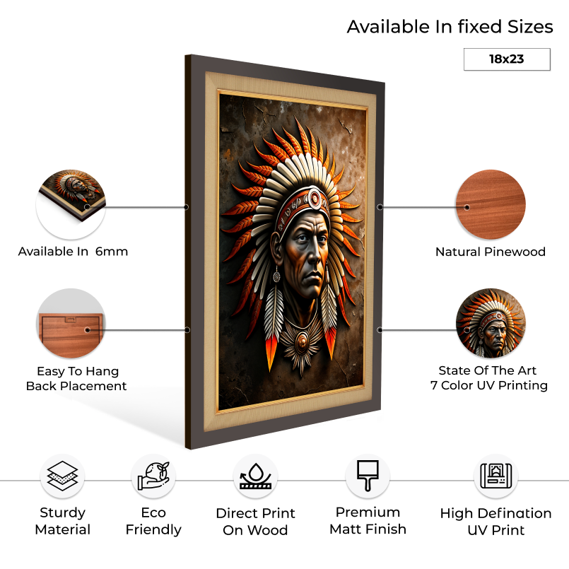 Old Chief of The Indian Tribe Wood Print Wall Art 18x23 Inches