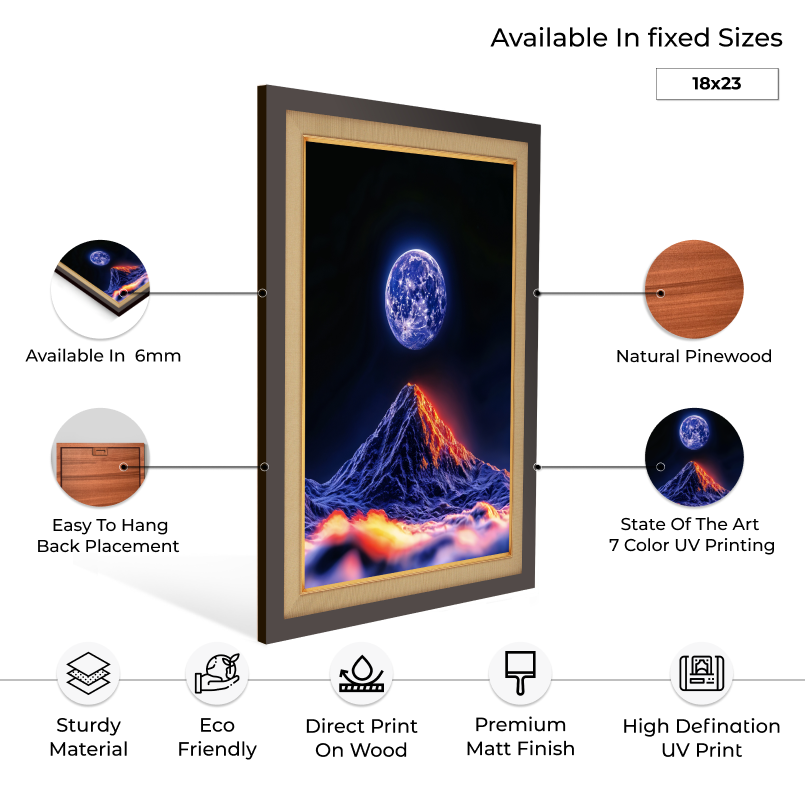 Moon Over Fiery Volcano Nights Wood Print Wall Art 18x23 Inches