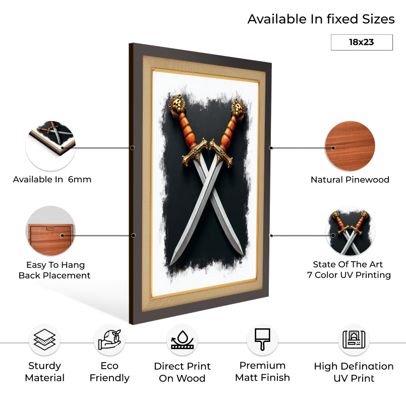 Two Swords Vectors Vintage Wood Print Wall Art 18x23 Inches