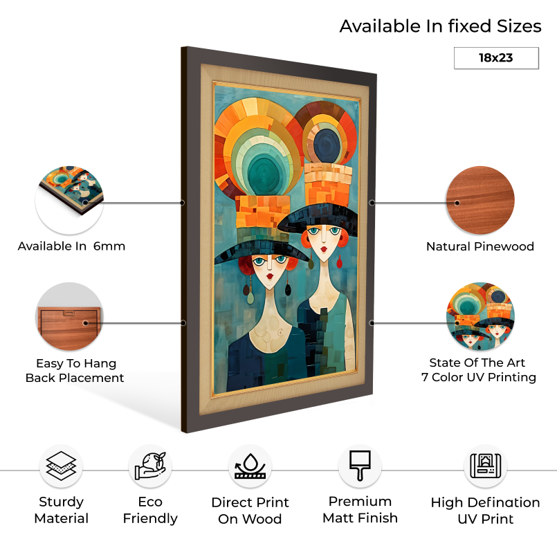 Two English Ladies With Colorful Hats Wood Print Wall Art 18x23 Inches