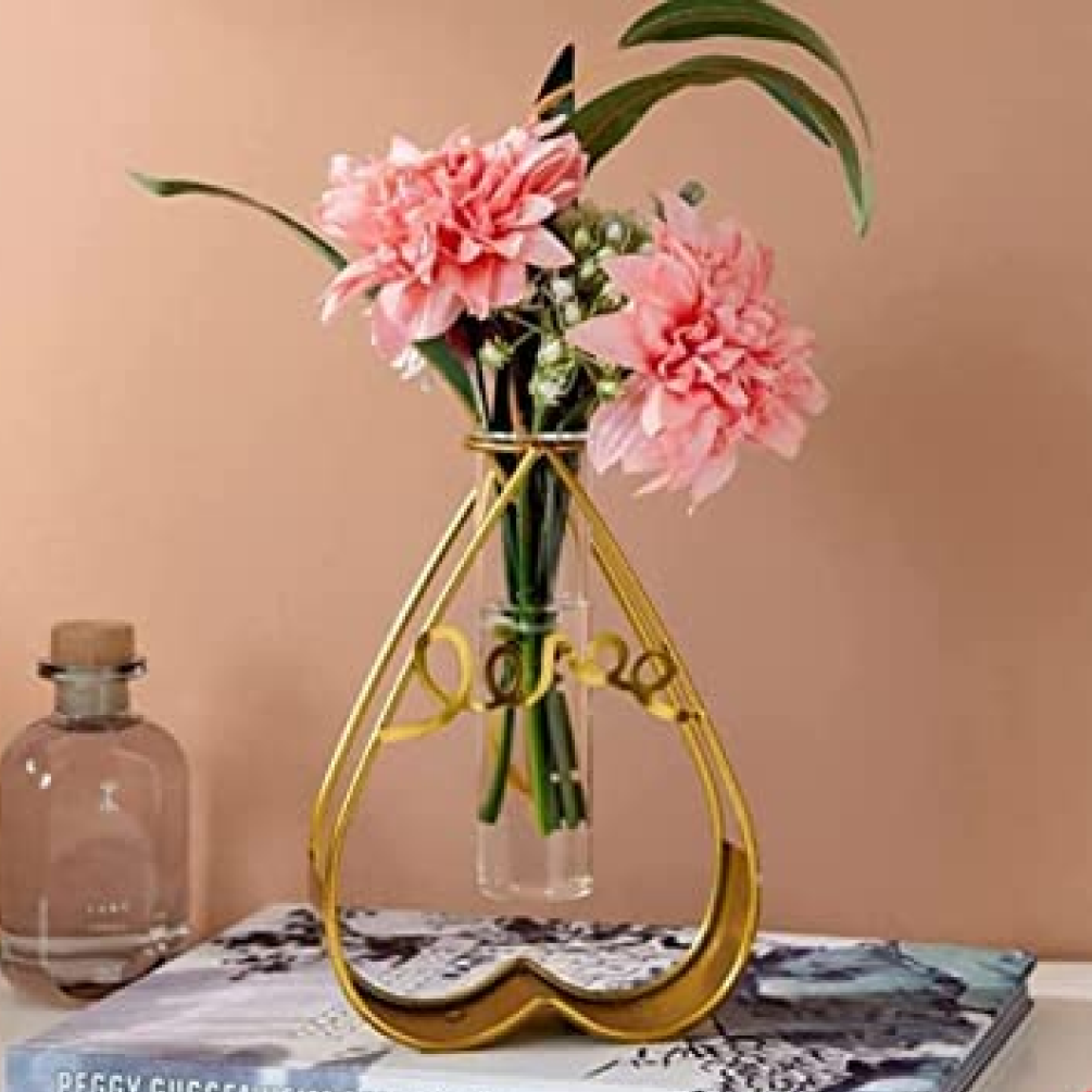 Gold Metal Heart Glass Flower Vase