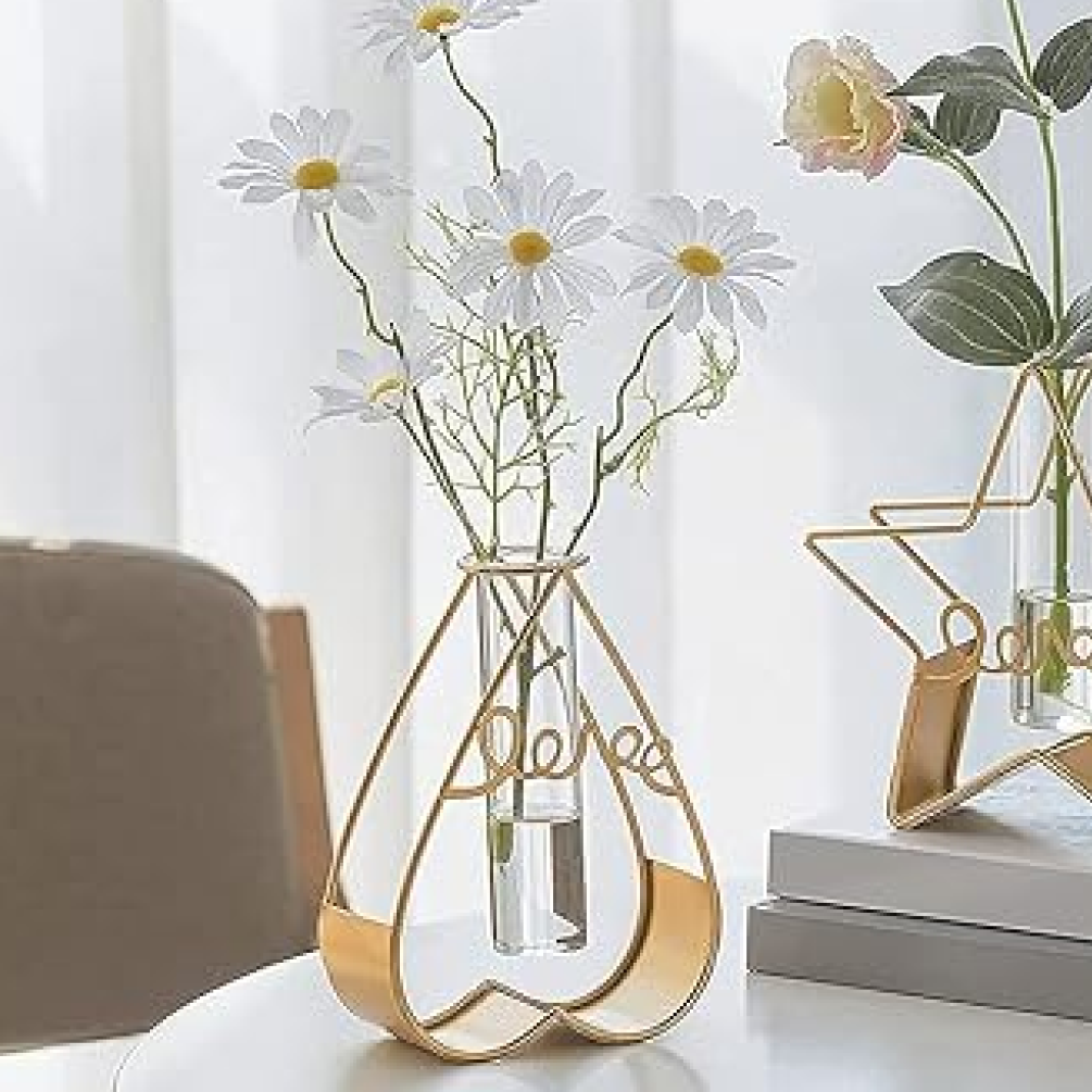 Gold Metal Heart Glass Flower Vase