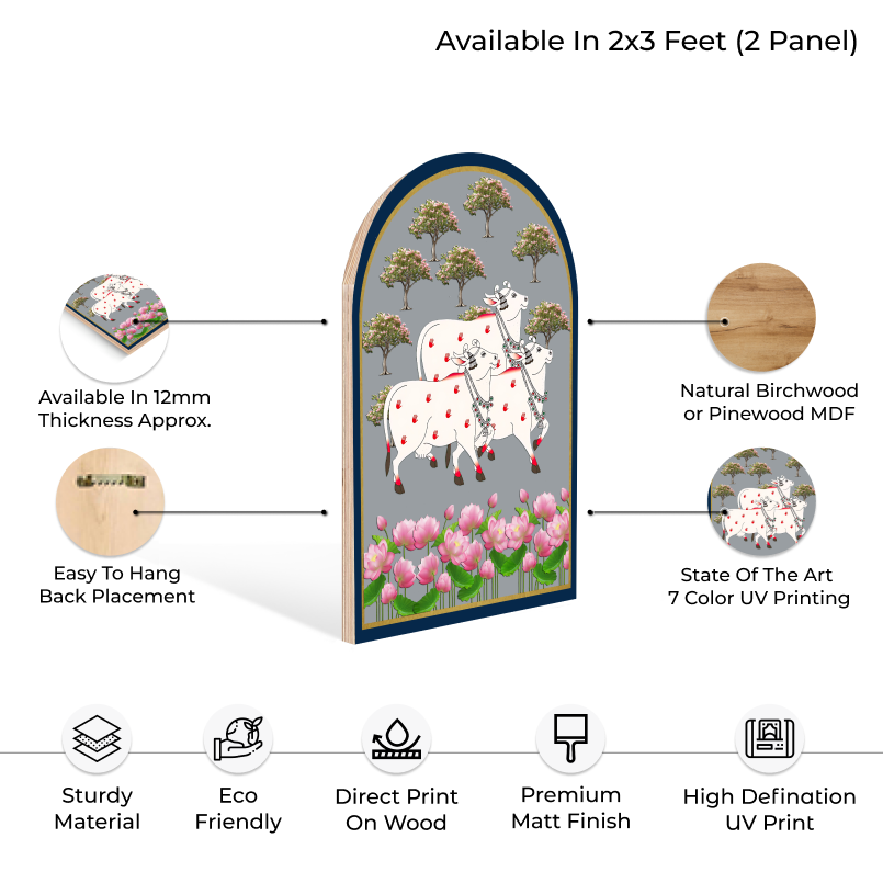 Set Of 3 Cow With Shrinath Ji Wood Print Wall Art