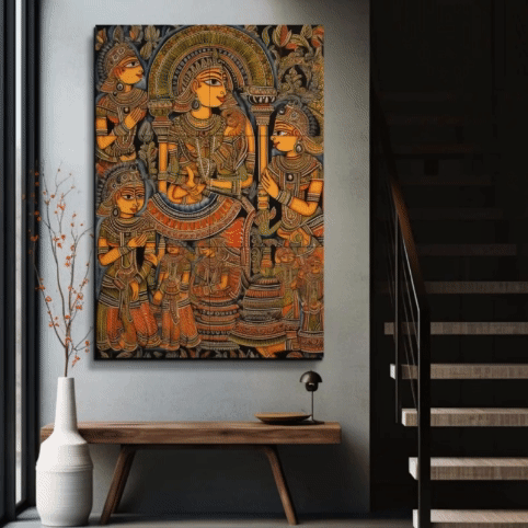 Madhubani Vintage Indian Folk Art Wood Print Luxury Wall Tiles Set