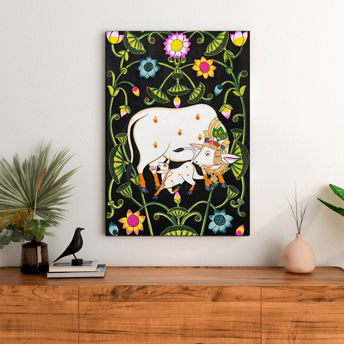 Cow and Calf Sacred Pichwai Wood Print Wall Art
