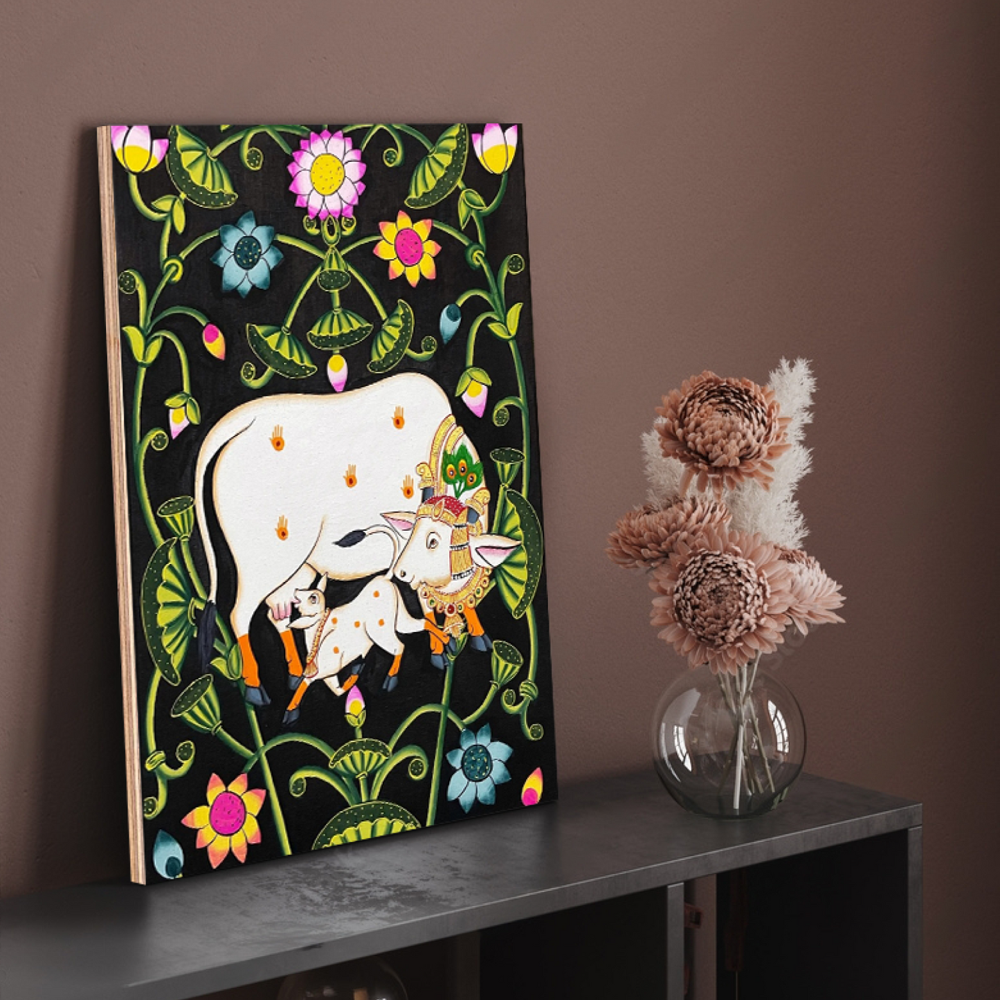 Cow and Calf Sacred Pichwai Wood Print Wall Art