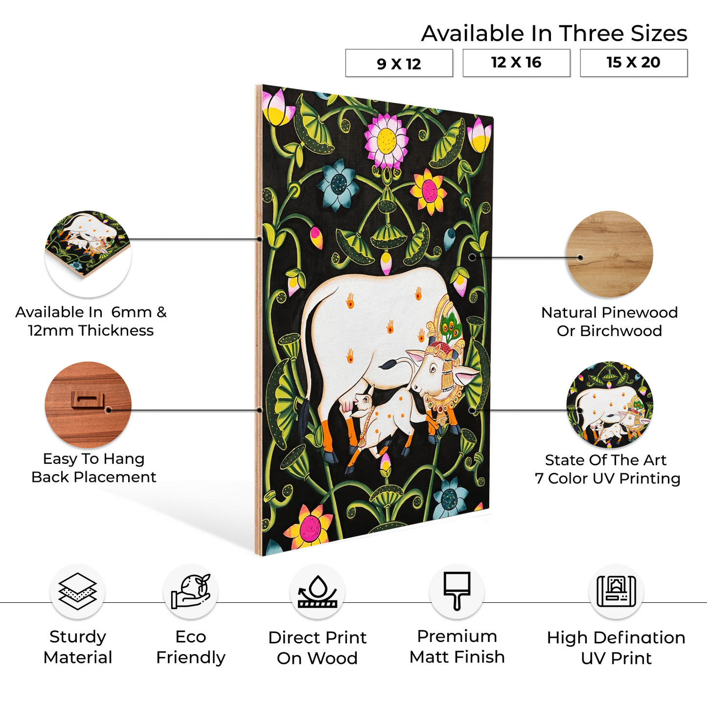 Cow and Calf Sacred Pichwai Wood Print Wall Art