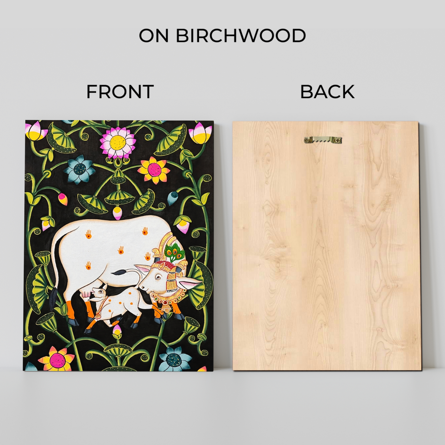 Cow and Calf Sacred Pichwai Wood Print Wall Art