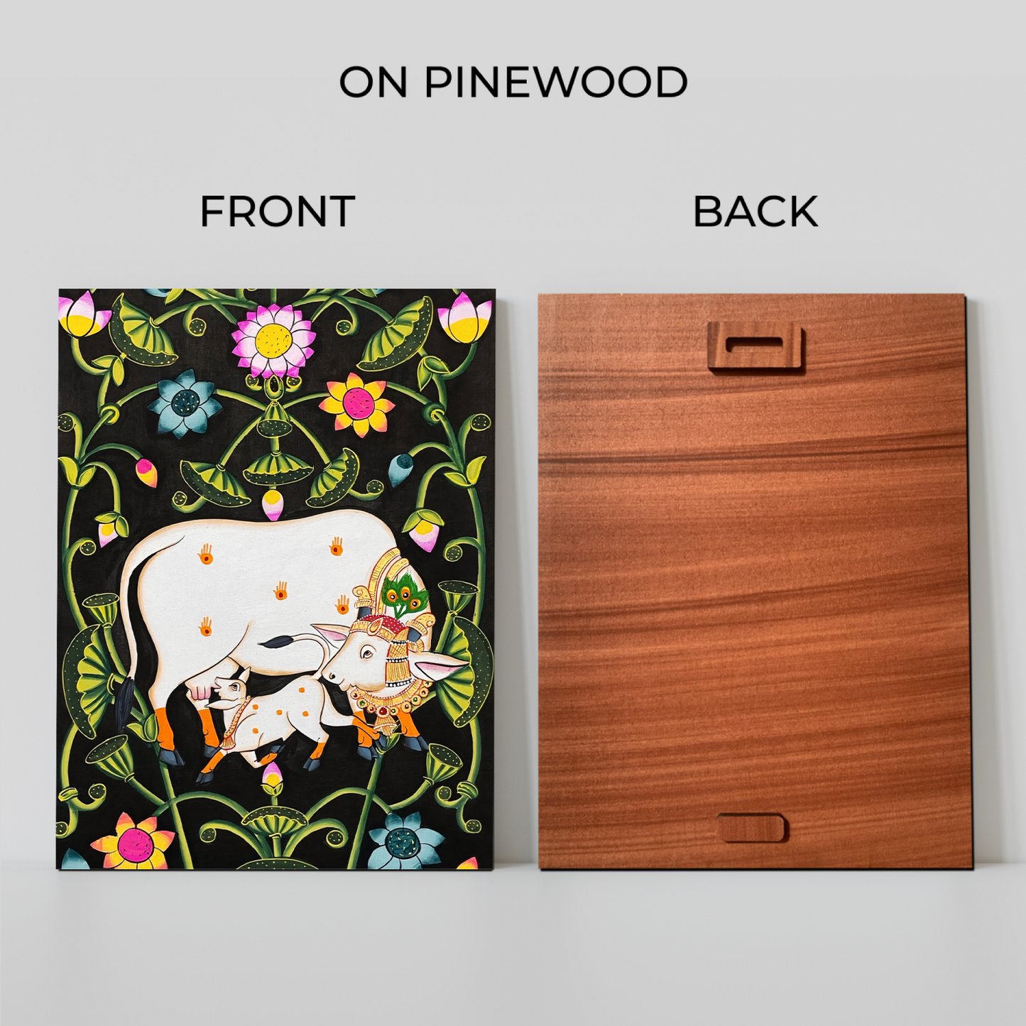 Cow and Calf Sacred Pichwai Wood Print Wall Art