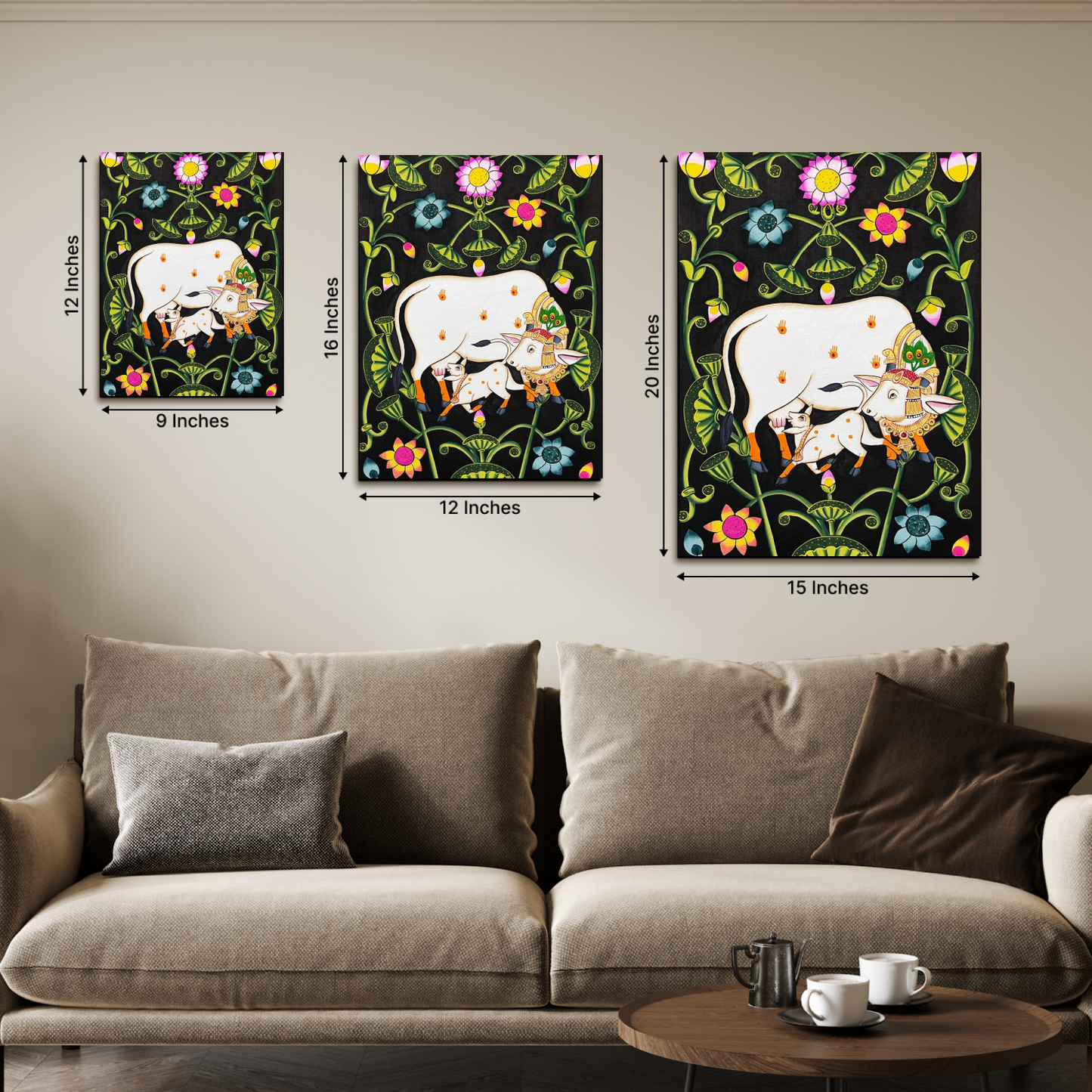 Cow and Calf Sacred Pichwai Wood Print Wall Art