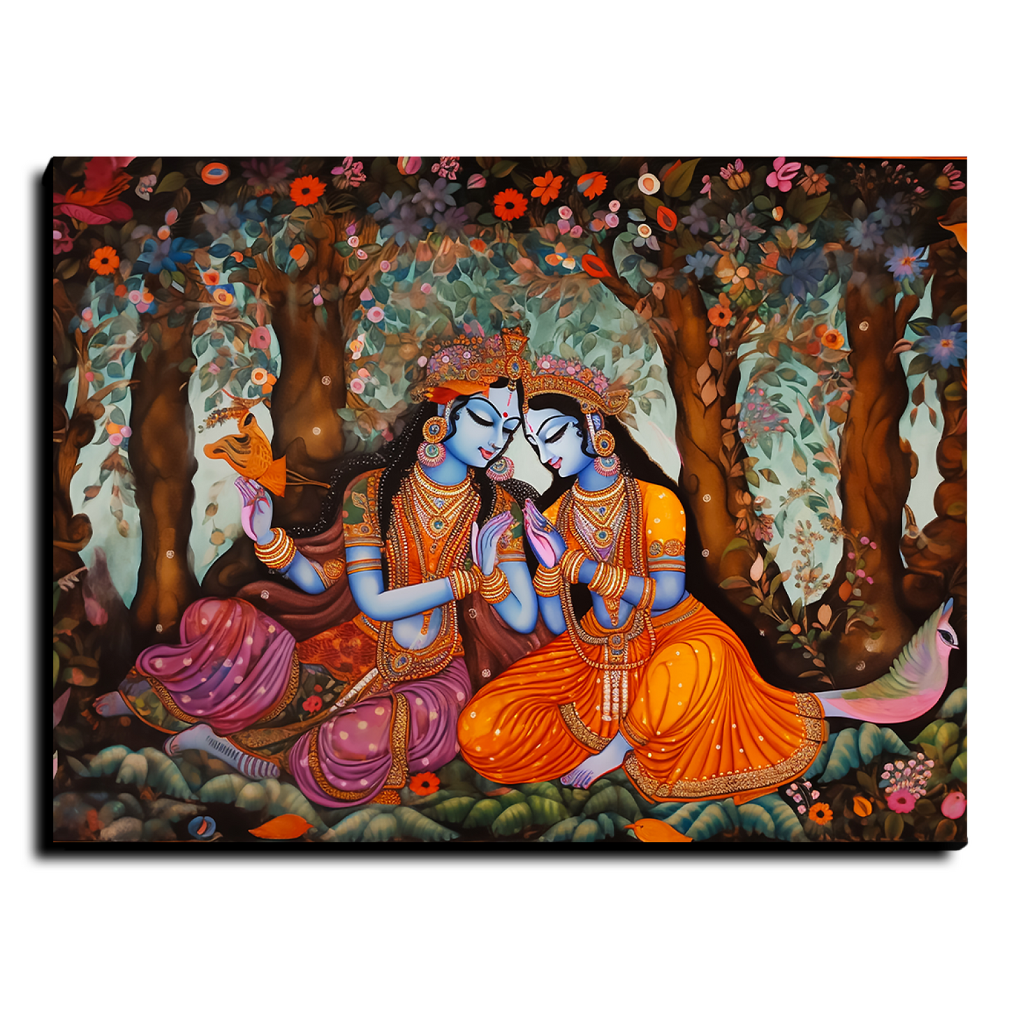 Radha Krishna and Colorful Flowers Wood Print Wall Art