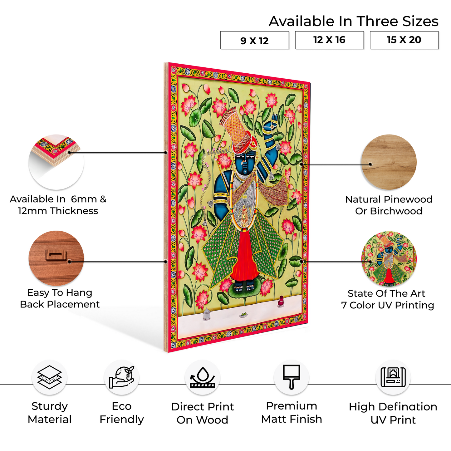 Shrinath Ji Pichwai Green Wood Print Wall Art