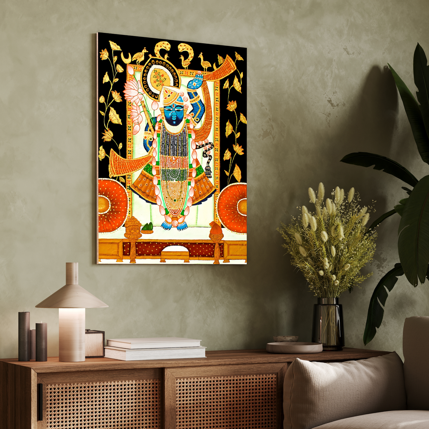 Shrinath Ji Pichwai Wood Print Wall Art Black & Gold