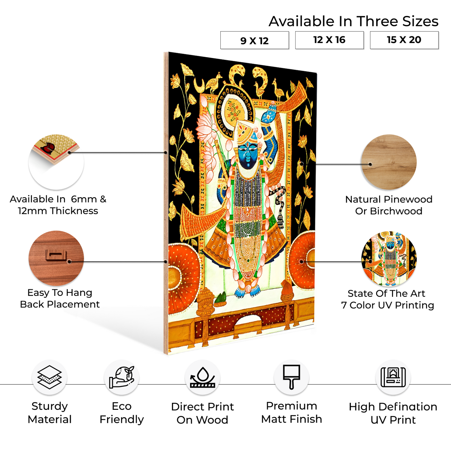 Shrinath Ji Pichwai Wood Print Wall Art Black & Gold