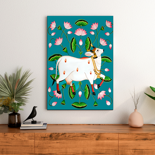 Sacred Cow Pichwai Wood Print Wall Art Blue