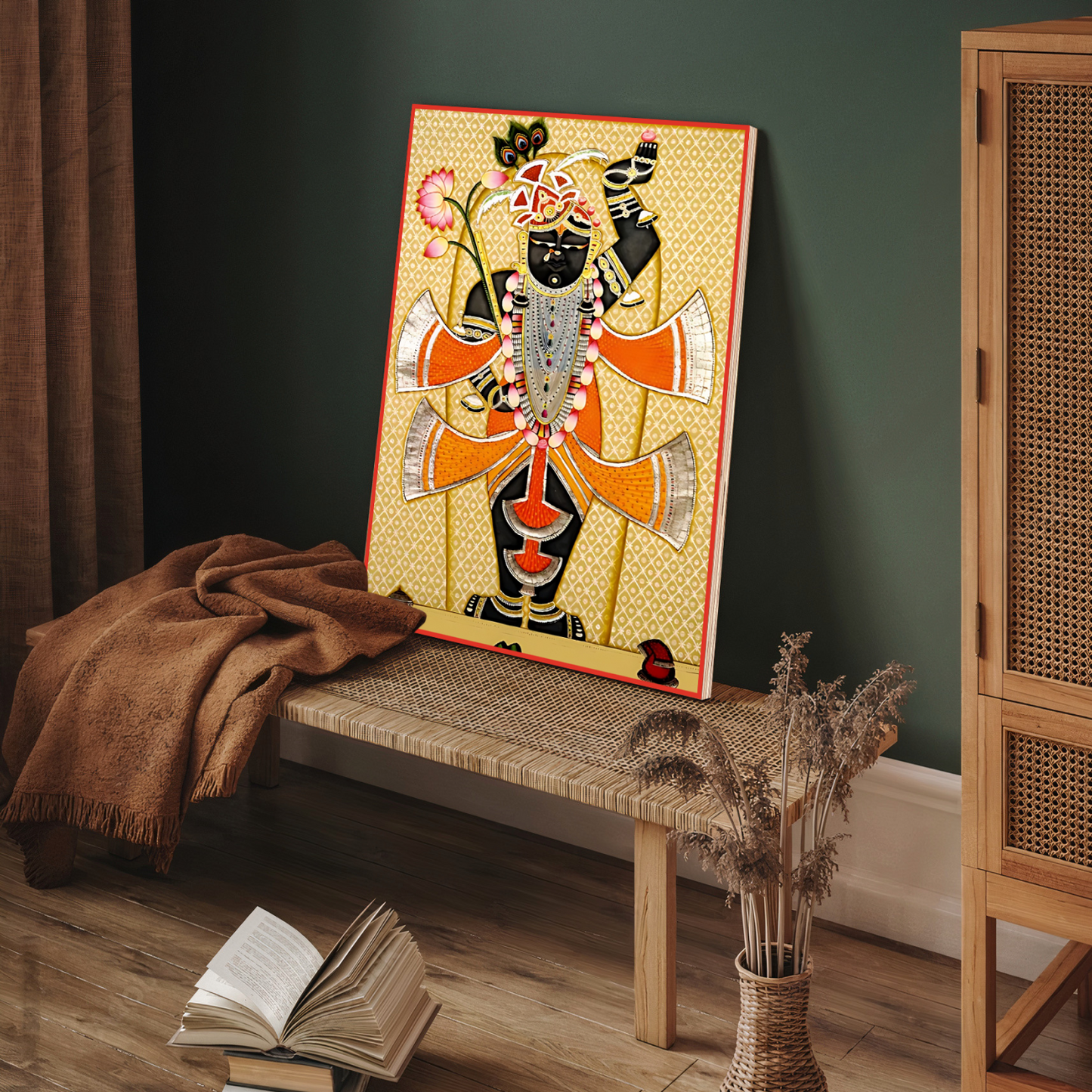 Shrinath Ji Orange Pichwai Wood Print Wall Art