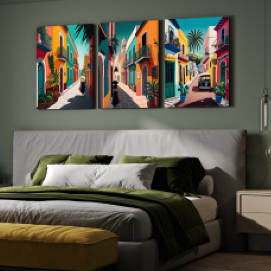 Mexico Street Colorful Wood Print Wall Art Set of 3