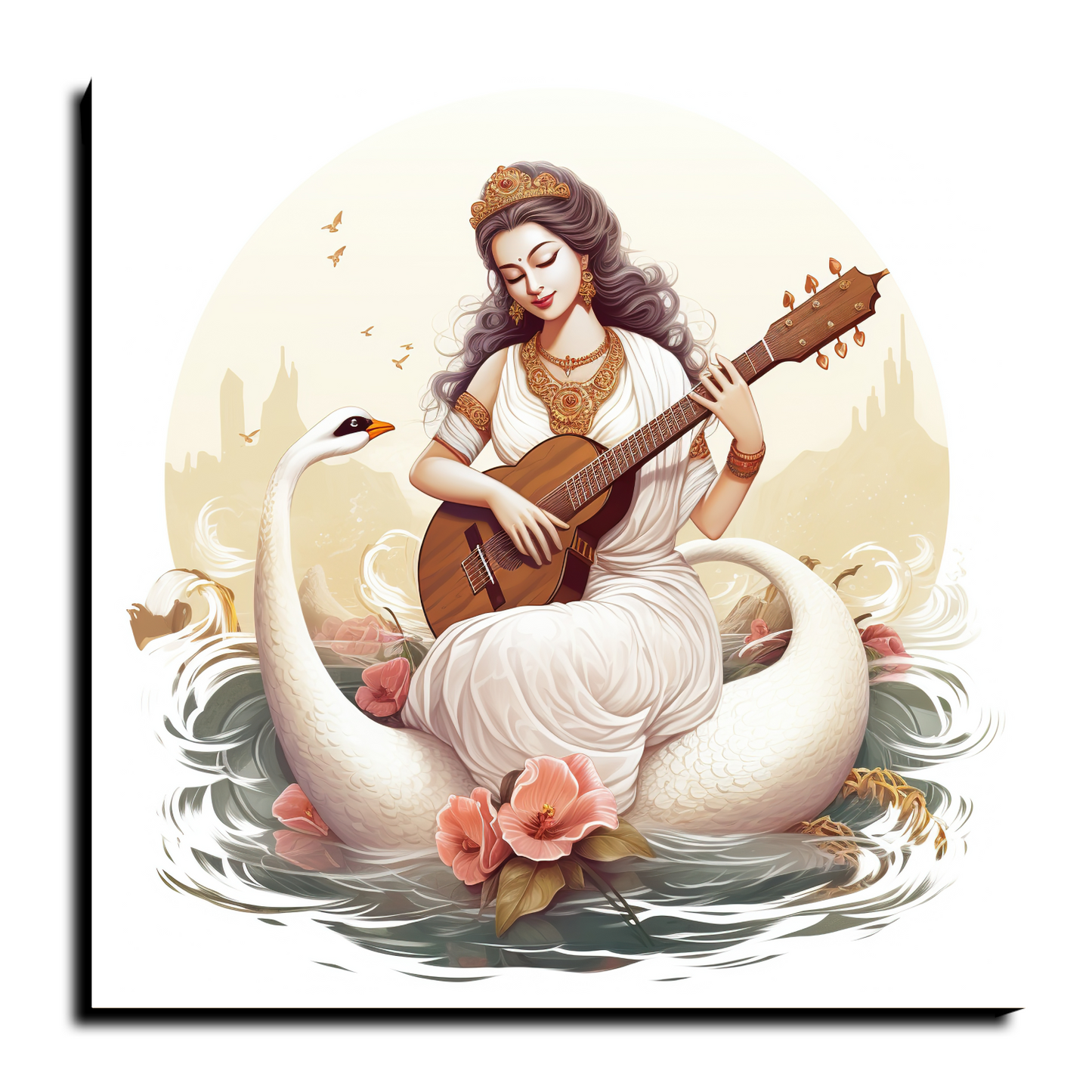 Goddess Saraswati Playing With Veena Wood Print Wall Art