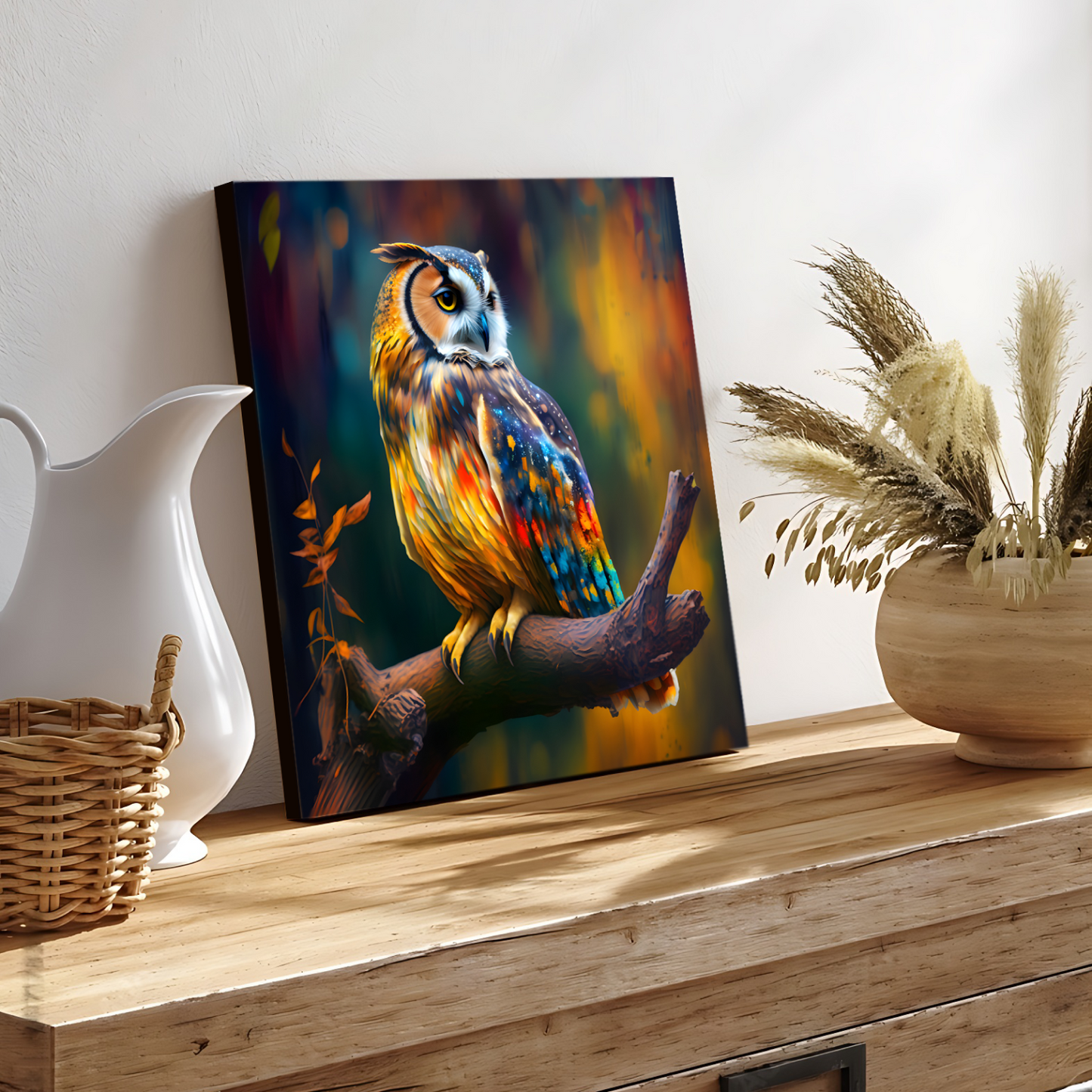 Owl Sitting on Branch Wood Print Wall Art