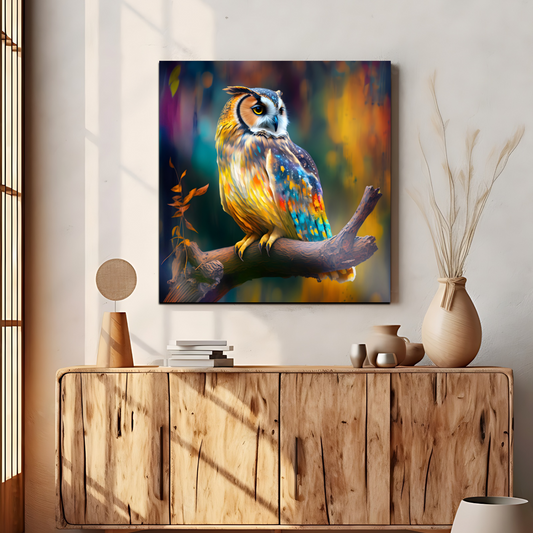 Owl Sitting on Branch Wood Print Wall Art