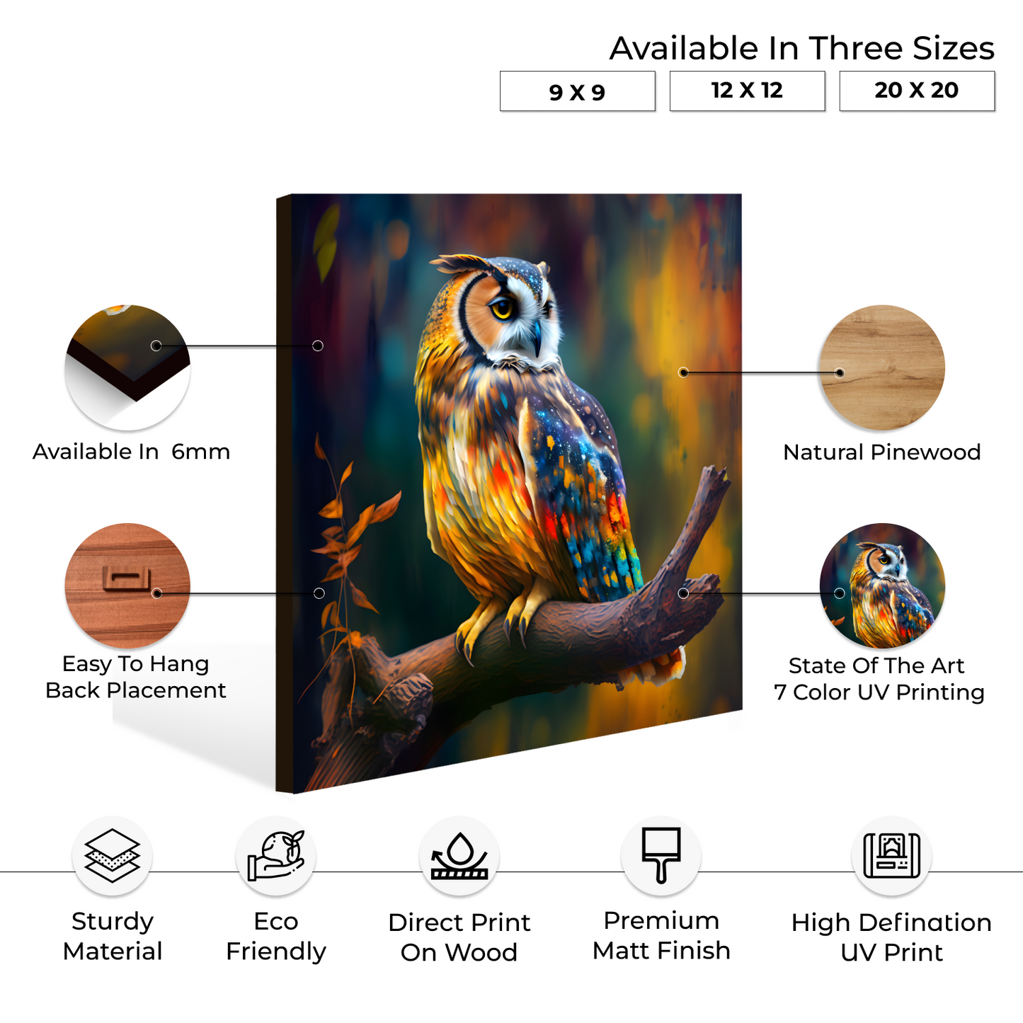 Owl Sitting on Branch Wood Print Wall Art