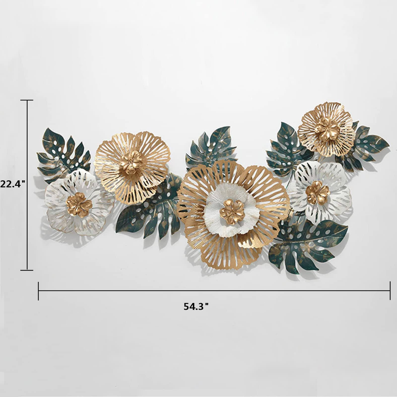 White and Gold With Green Leaves Metal Wall Art