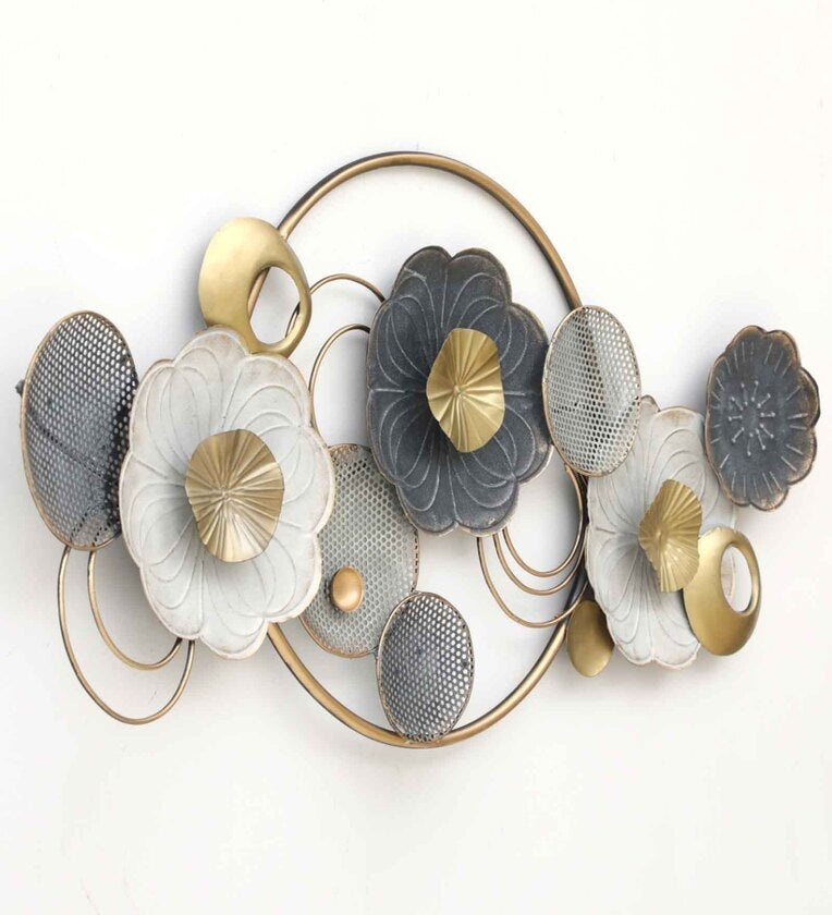 Grey and White Flowers Circle Metal Wall Art