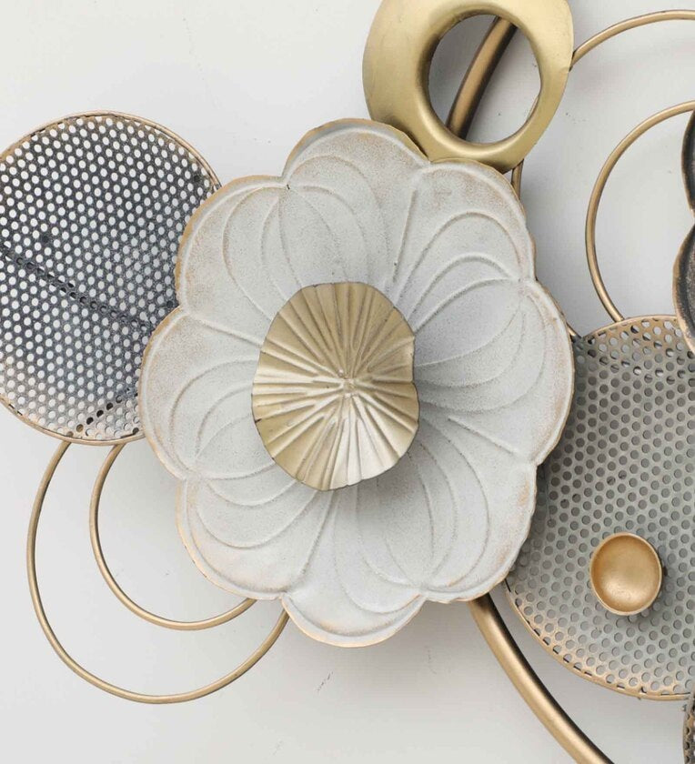 Grey and White Flowers Circle Metal Wall Art