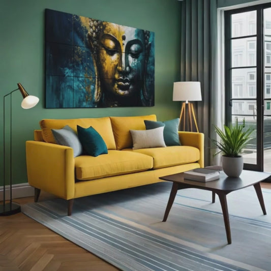 Meditating Buddha Gold & Blue Brush Paint Wood Print Wooden Wall Tiles Set