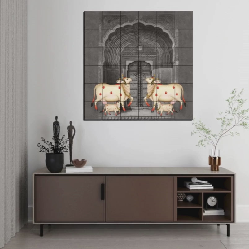 Cow and Calf Pichwai Wood Print Wooden Wall Tiles Set – Chalk My Theme