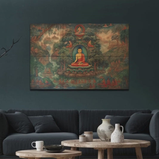 Meditating Buddha and Monks Wood Print Wooden Wall Tiles Set