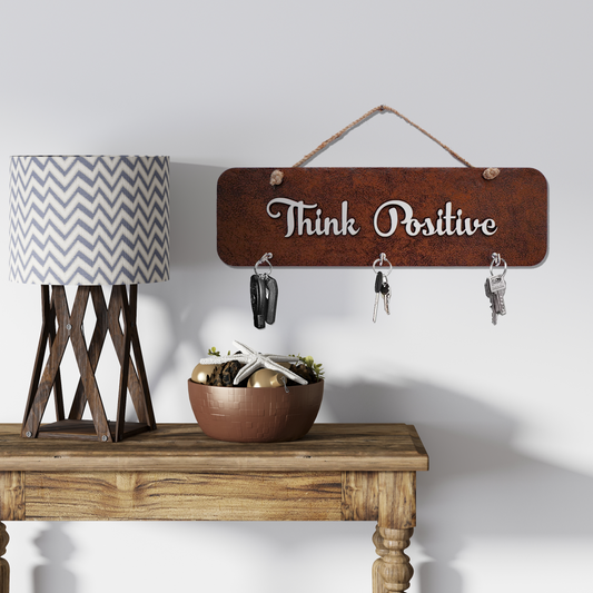 Think Positive Quote Leather Key Holder With 3 Hooks & Jute Rope
