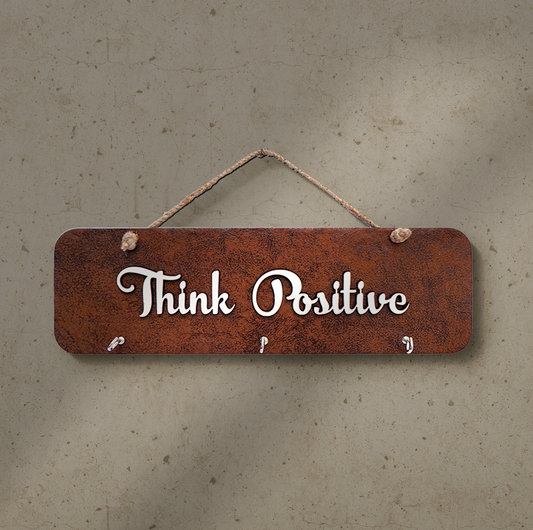 Think Positive Quote Leather Key Holder With 3 Hooks & Jute Rope