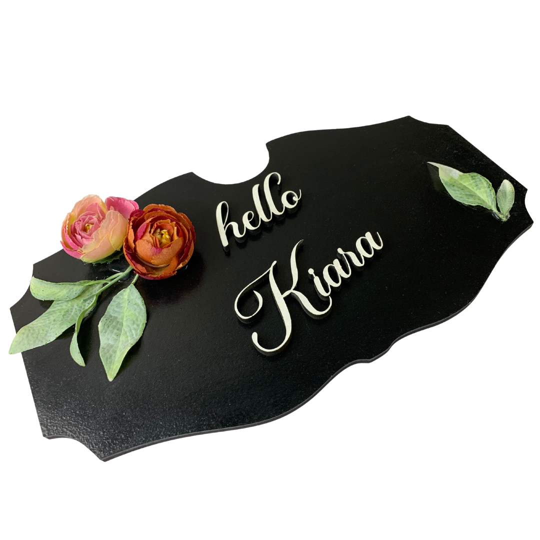 Black Nameplate With Beautiful Flowers and Leaves