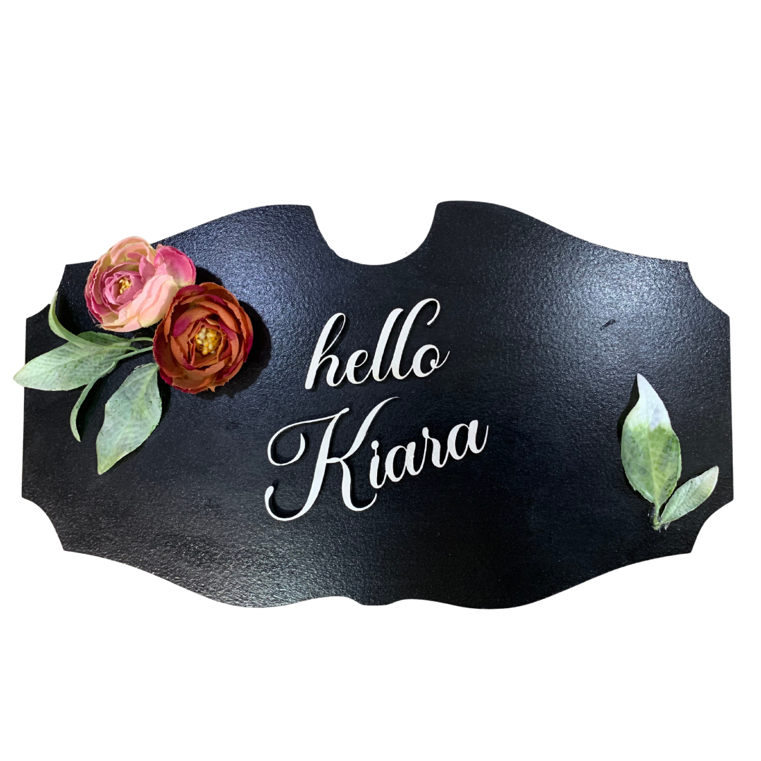 Black Nameplate With Beautiful Flowers and Leaves