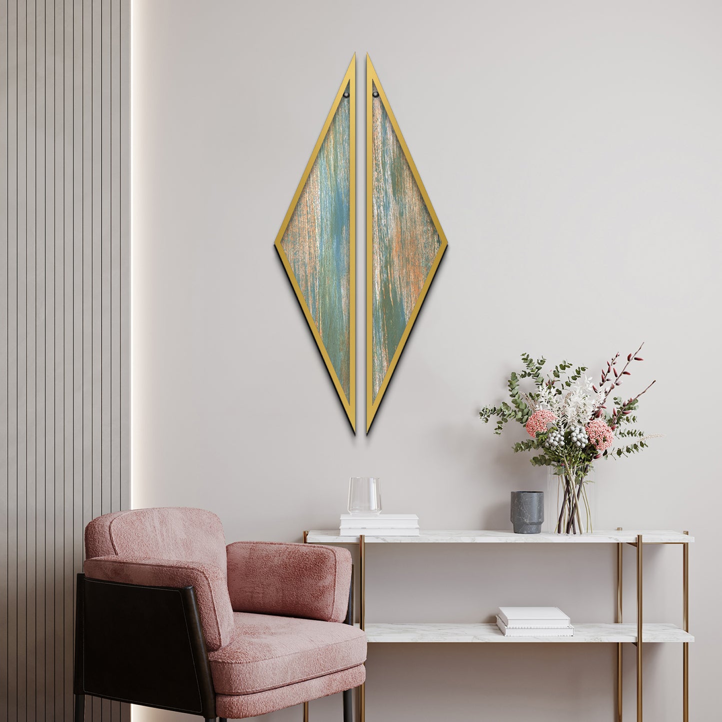 3D Wooden Triangle Wall Art Set of 2 Rustic Green and Gold