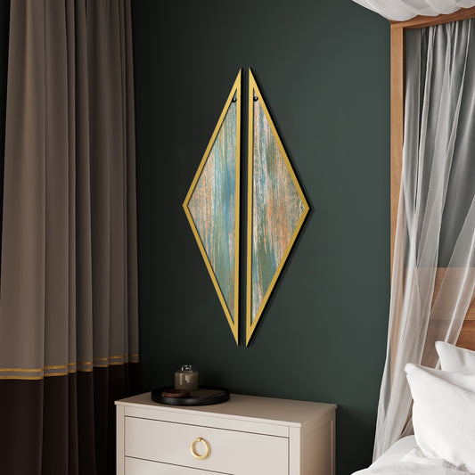 3D Wooden Triangle Wall Art Set of 2 Rustic Green and Gold