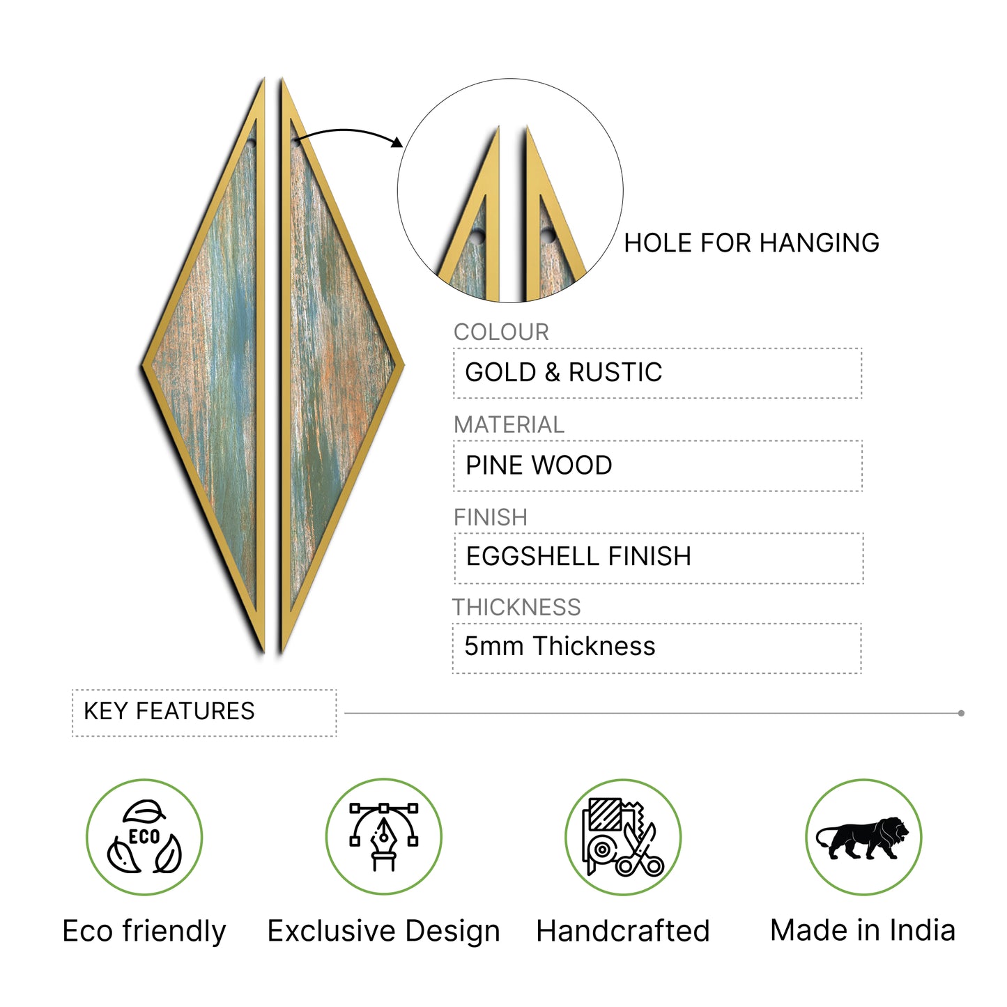 3D Wooden Triangle Wall Art Set of 2 Rustic Green and Gold