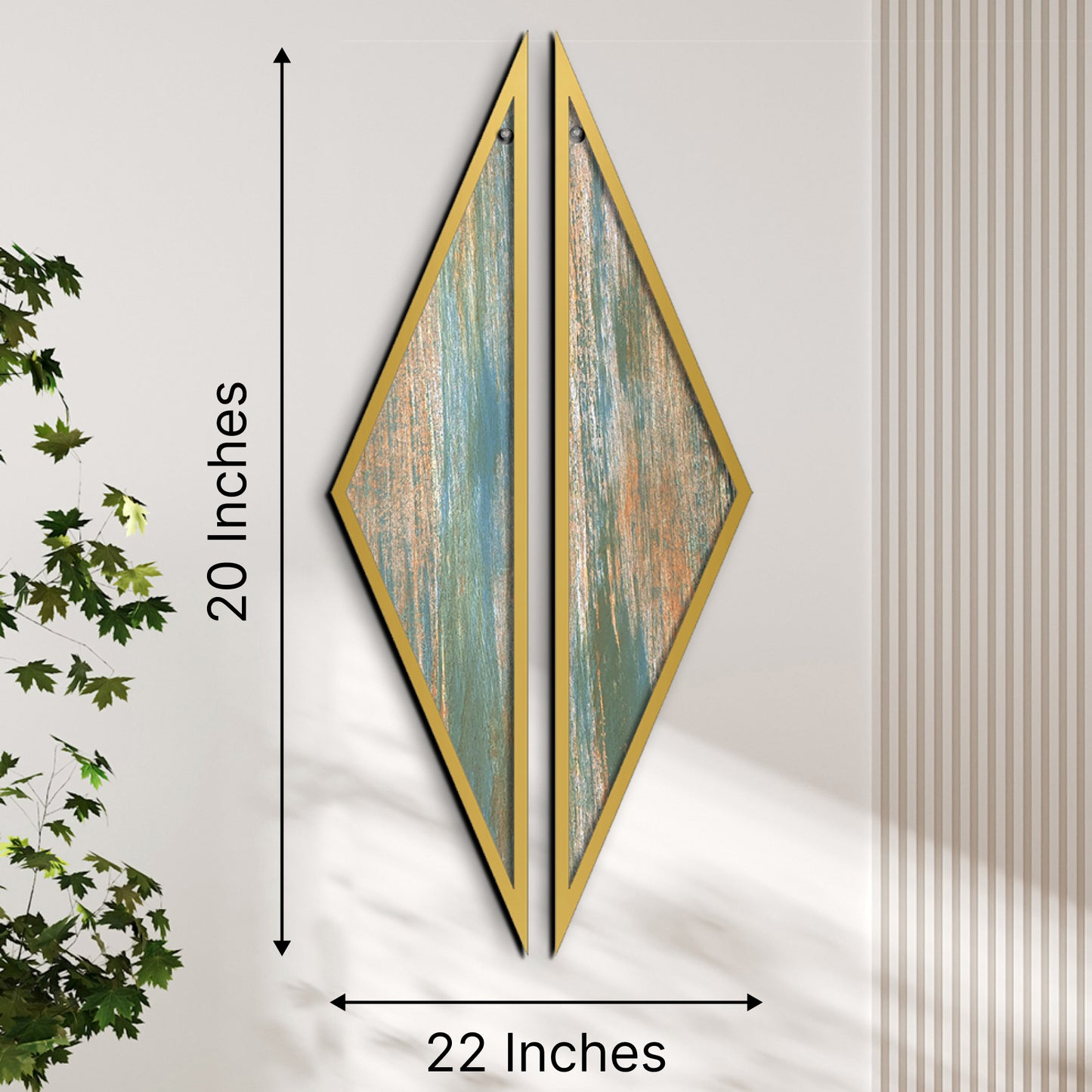 3D Wooden Triangle Wall Art Set of 2 Rustic Green and Gold