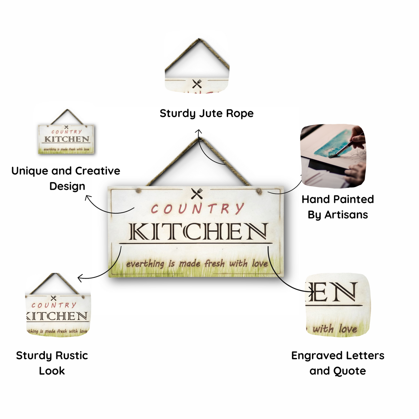 Country Kitchen Quote Rustic Wall Art - Ivory & Green