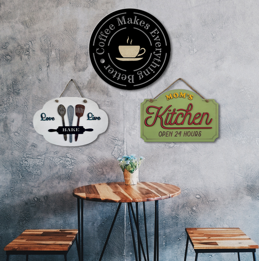 Mom's Kitchen, But First Coffee, and Love Live Bake 3D Wooden Wall Art Set of 3