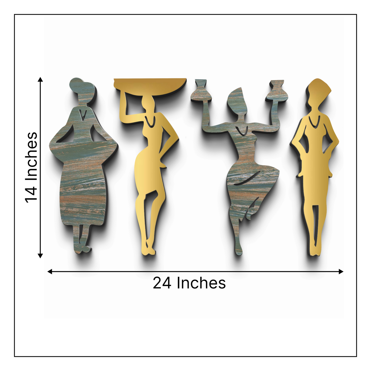 2 in 1 Rustic Green and Gold 3D Tribal Women 4 Pcs Wall Decor Art